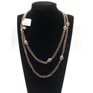 LOFT Gold Tone Vintage Inspired Rhinestone Eggs Station Curb Chain Necklace 32"